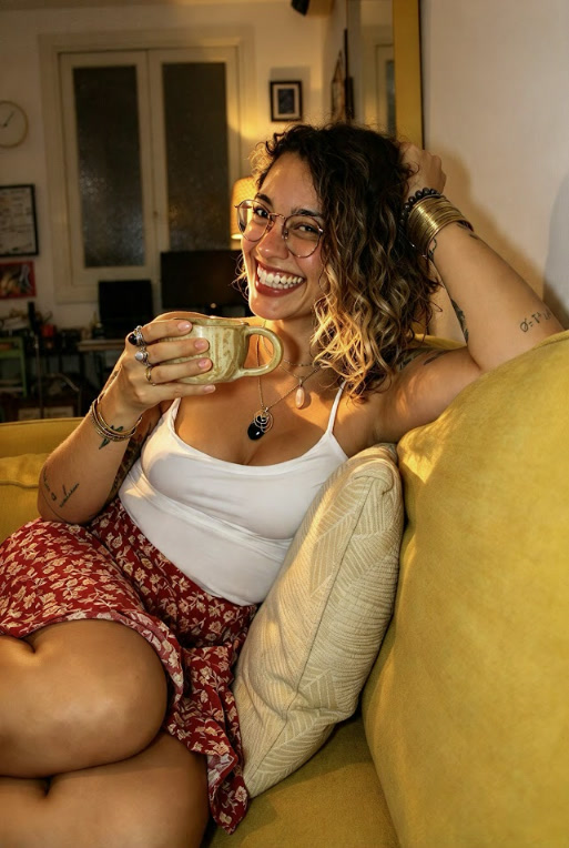 Vanesa Rojas laughing on a yellow sofa, holding a ceramic mug